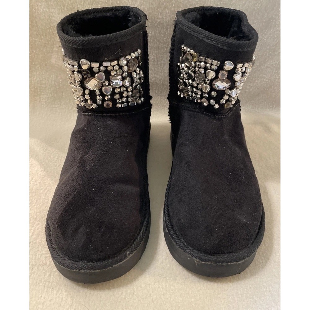Women's Black Violetta GOGO Slip On Black Suede Rhinestone Fuzzy Boots Size 9